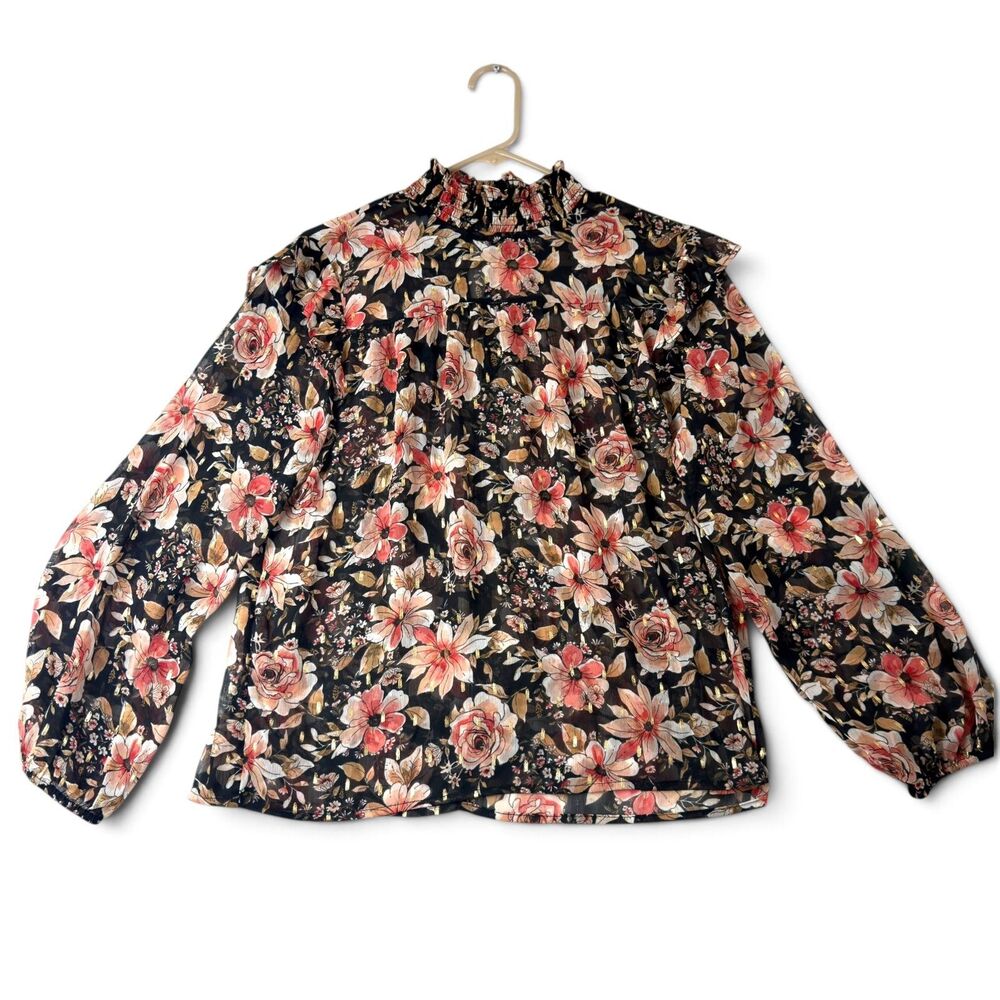 maurices boho romantic floral semi sheer ruffle neck blouse long sleeve medium